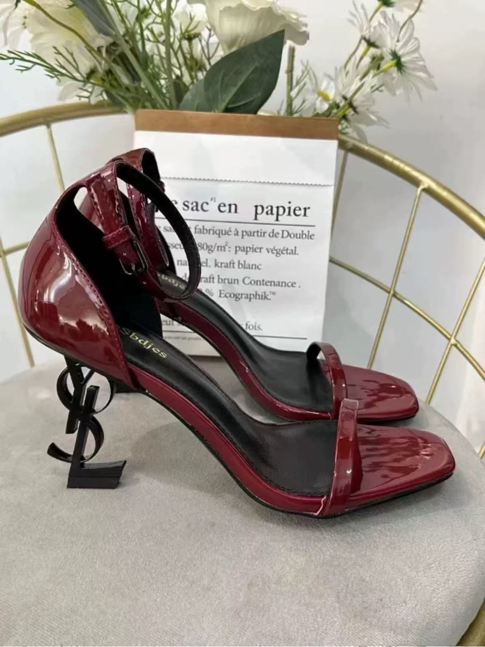Patent Burgundy Ankle-Strap Heels with Sculptural Logo Heel